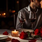 Ein Paar genießt ein romantisches Candle-Light-Dinner mit Rotwein und Rosen in luxuriöser Umgebung, perfekt für ein stilvolles Date.