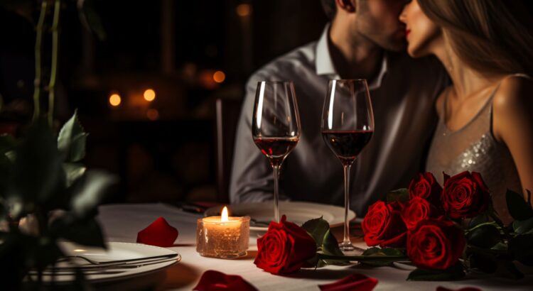Ein Paar genießt ein romantisches Candle-Light-Dinner mit Rotwein und Rosen in luxuriöser Umgebung, perfekt für ein stilvolles Date.